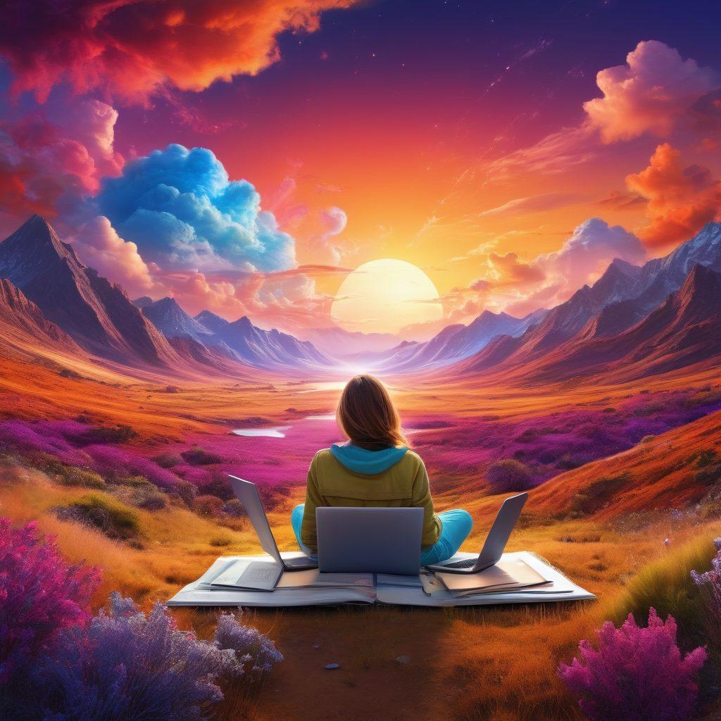 A vibrant landscape showcasing a diverse group of passionate bloggers, each immersed in their unique stories with laptops and notebooks, surrounded by colorful metaphoric elements symbolizing creativity, inspiration, and connection. The background illustrates a digital world, blending nature and technology seamlessly, with a glowing sky filled with abstract shapes representing ideas and dreams. Bright, engaging colors embody energy and enthusiasm. super-realistic. vibrant colors. 3D.