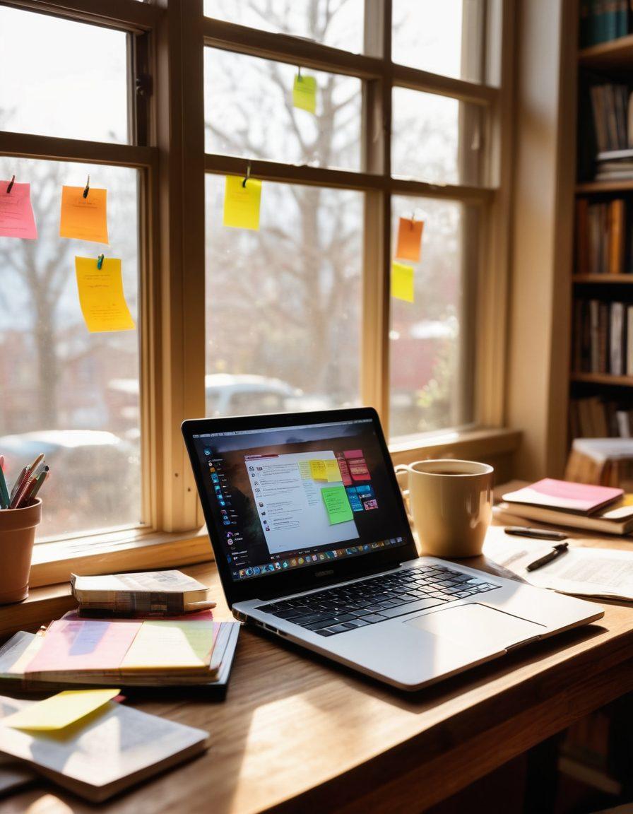 An open laptop on a wooden desk with a notepad filled with brainstorming sketches and colorful post-it notes detailing blog ideas. A steaming cup of coffee sits beside it, as sunlight streams in through a window, casting warm glows on the workspace. In the background, a bookshelf lined with successful blog-related books symbolizes knowledge and inspiration. super-realistic. warm tones. cozy ambience.