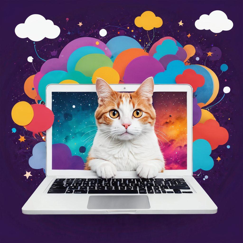A whimsical composition featuring a curious cat peering into a laptop, surrounded by colorful thought bubbles illustrating various blogging topics like travel, food, and tech. The background shows a vibrant universe of floating notebooks and digital icons symbolizing creativity and exploration. The overall vibe is playful and inviting, enticing readers to dive into the blogosphere. super-realistic. vibrant colors. white background.